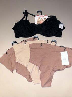 Black Lace Underwire Bra with Brown & Tan High-Waist Thongs - 4-Piece Set